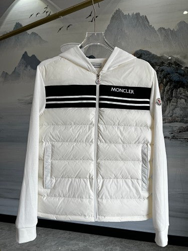 Moncler Hooded Knit-Panel Down Jacket