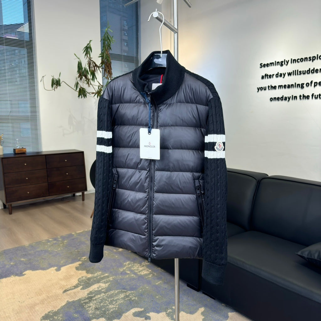 Moncler Knit-Panel Jacket with Striped Sleeves