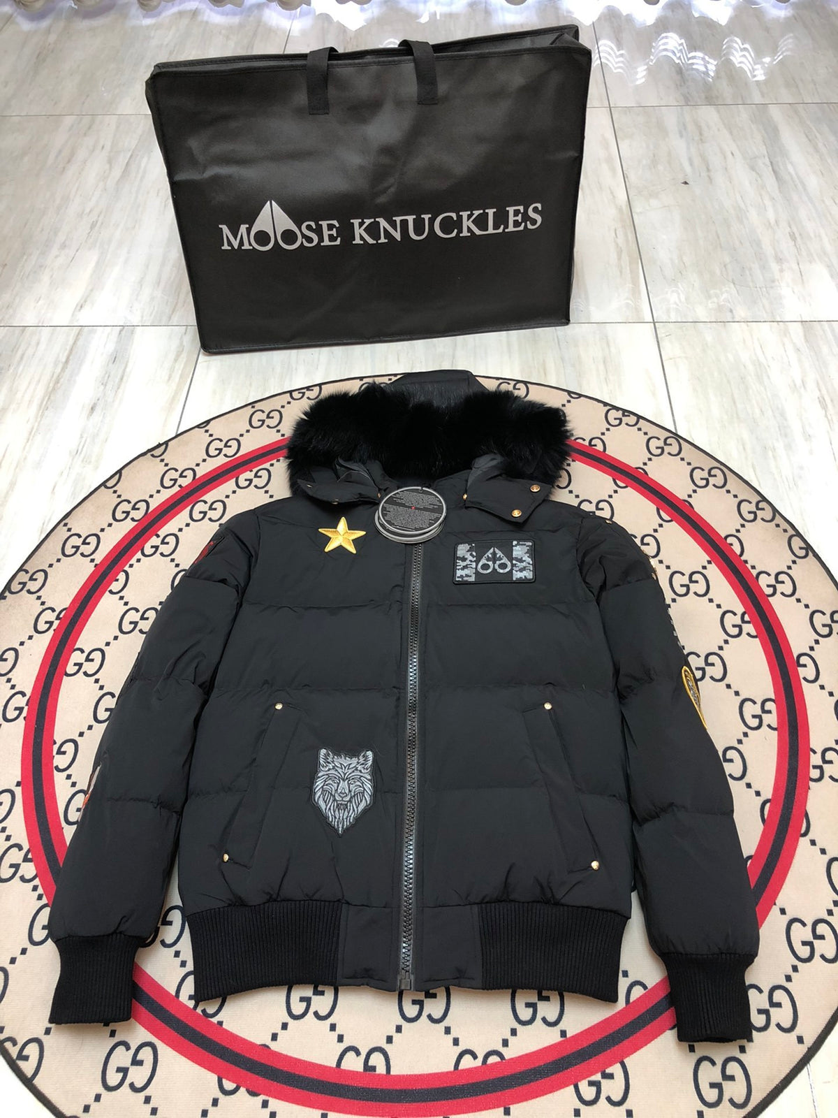 Moose Knuckles Unisex Multi-Patch Hooded Puffer Jacket