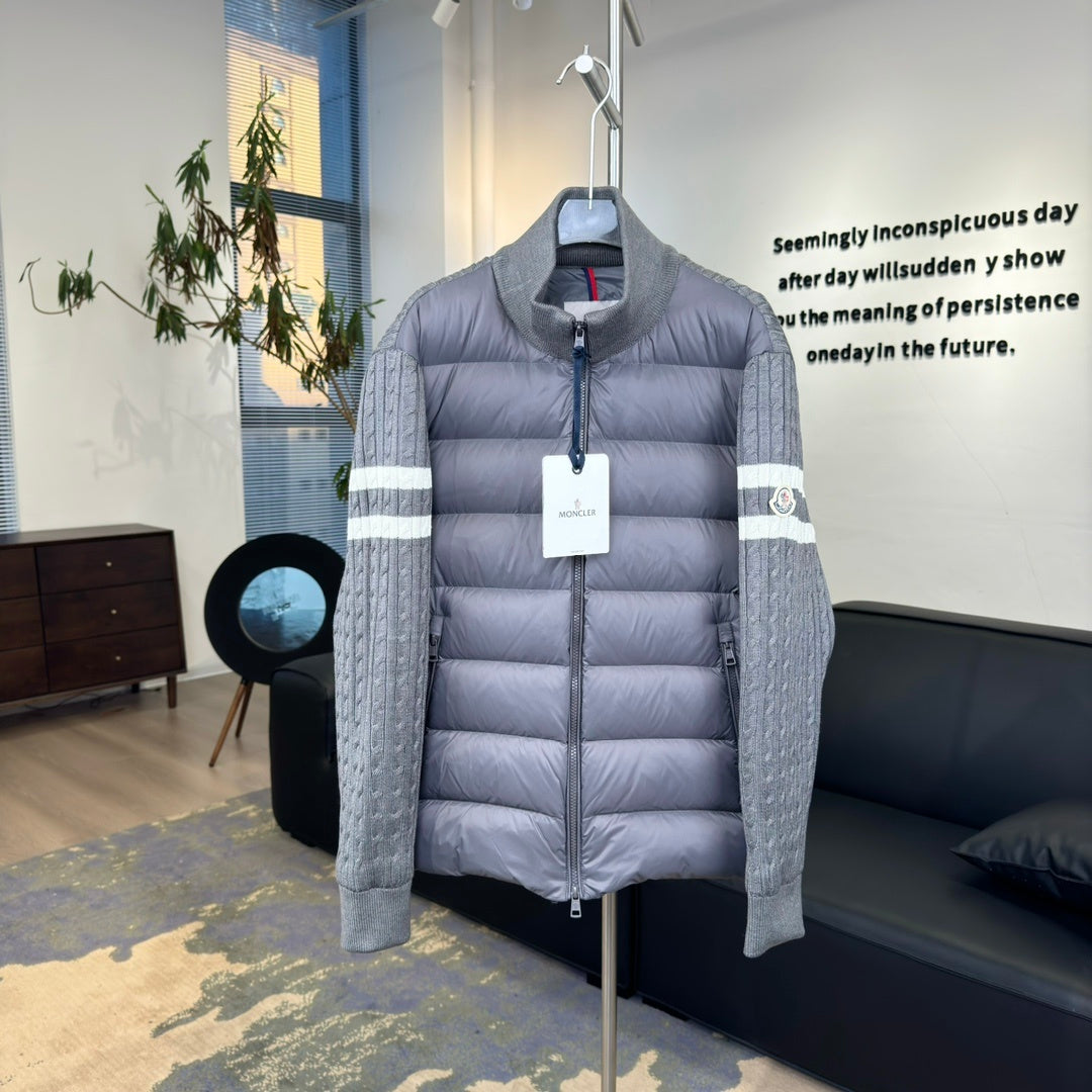 Moncler Knit-Panel Jacket with Striped Sleeves